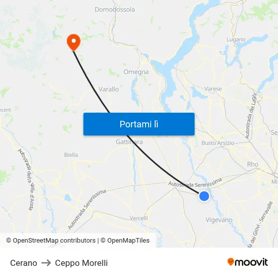 Cerano to Ceppo Morelli map