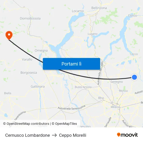 Cernusco Lombardone to Ceppo Morelli map