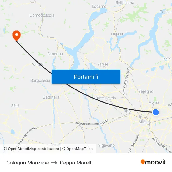 Cologno Monzese to Ceppo Morelli map