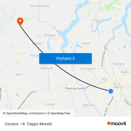 Corsico to Ceppo Morelli map