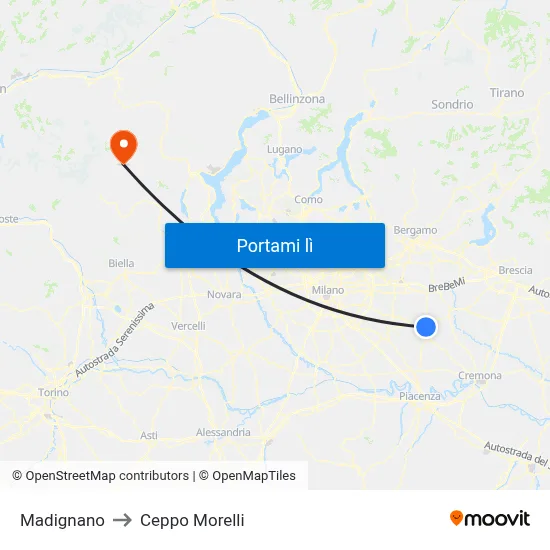 Madignano to Ceppo Morelli map