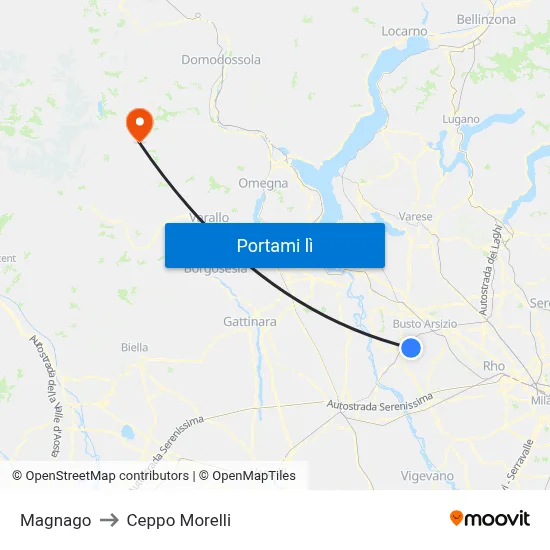 Magnago to Ceppo Morelli map
