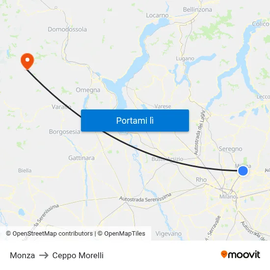 Monza to Ceppo Morelli map
