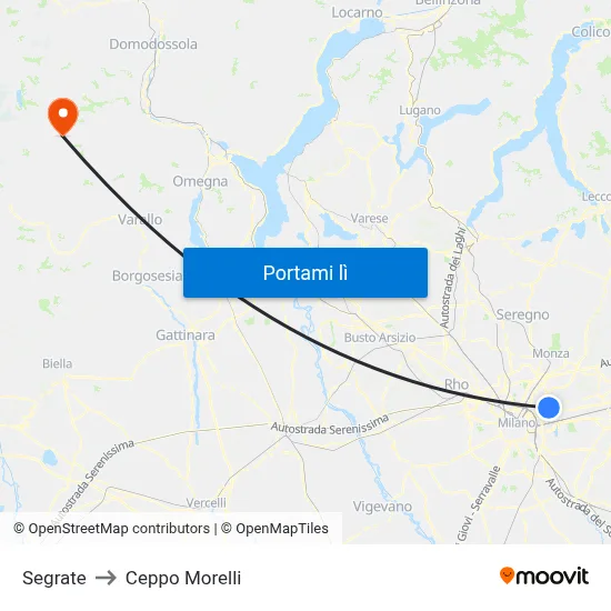 Segrate to Ceppo Morelli map