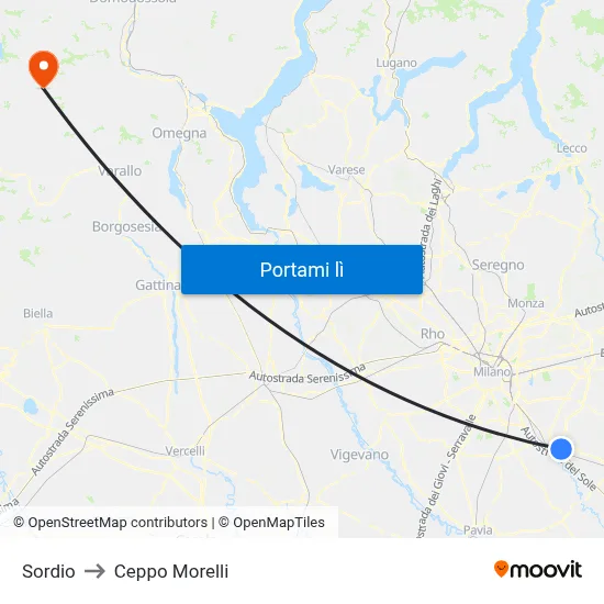 Sordio to Ceppo Morelli map