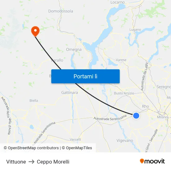 Vittuone to Ceppo Morelli map