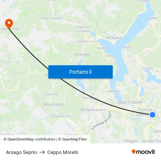 Arsago Seprio to Ceppo Morelli map