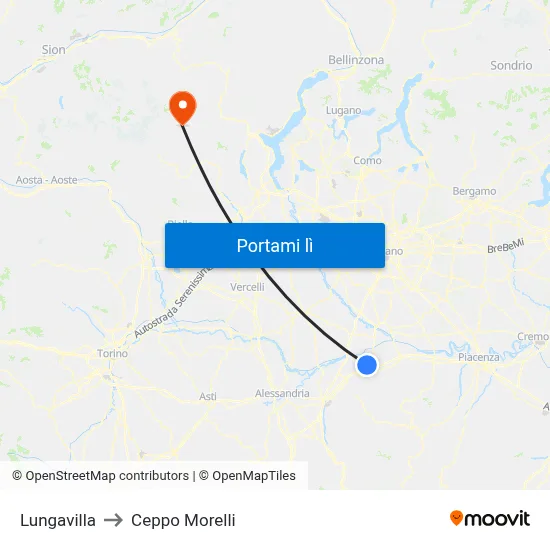 Lungavilla to Ceppo Morelli map