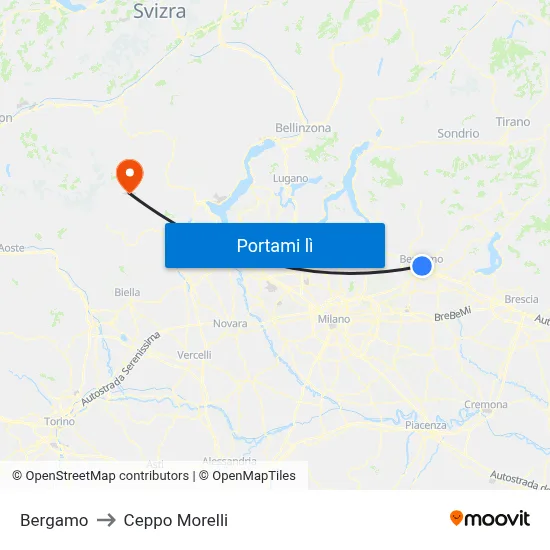 Bergamo to Ceppo Morelli map