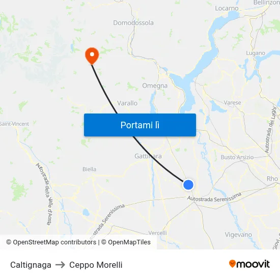 Caltignaga to Ceppo Morelli map