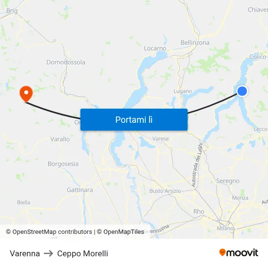 Varenna to Ceppo Morelli map