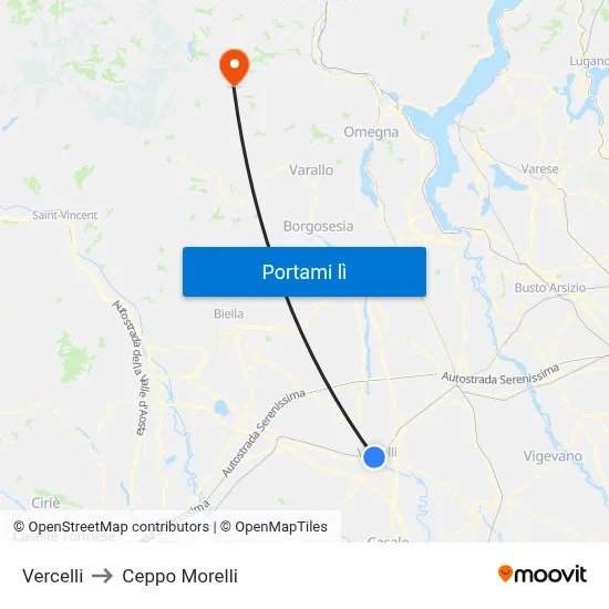 Vercelli to Ceppo Morelli map