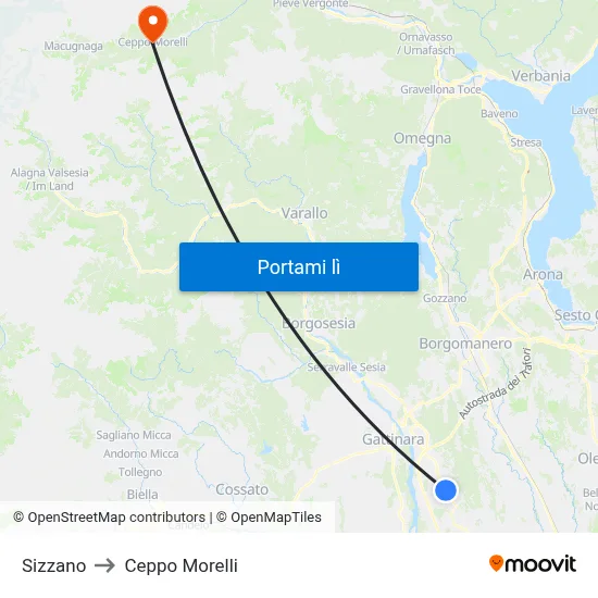 Sizzano to Ceppo Morelli map