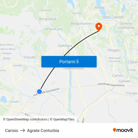Carisio to Agrate Conturbia map