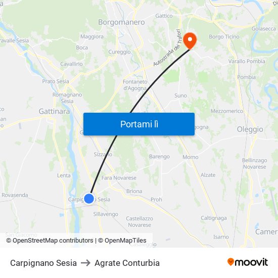 Carpignano Sesia to Agrate Conturbia map