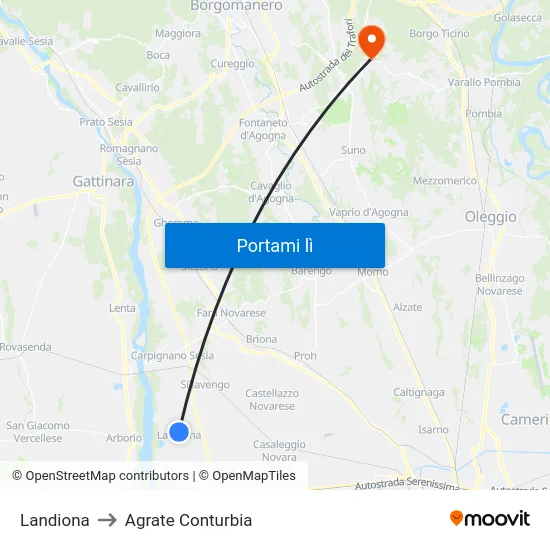 Landiona to Agrate Conturbia map
