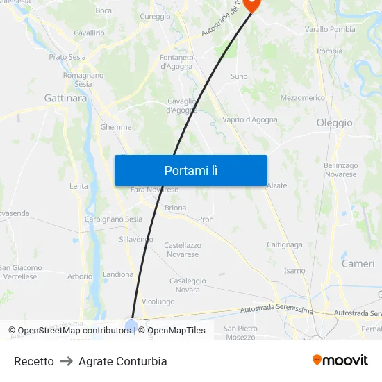 Recetto to Agrate Conturbia map