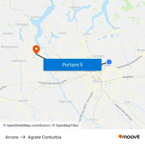 Arcore to Agrate Conturbia map