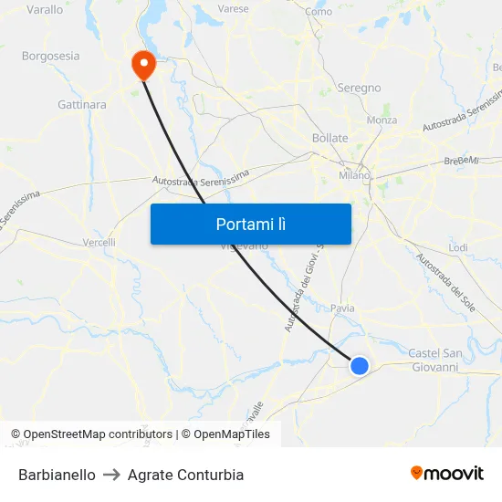 Barbianello to Agrate Conturbia map