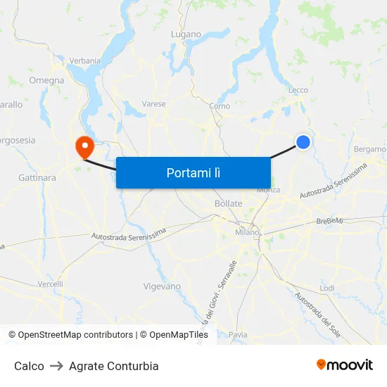 Calco to Agrate Conturbia map