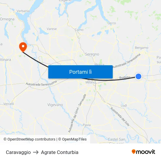 Caravaggio to Agrate Conturbia map