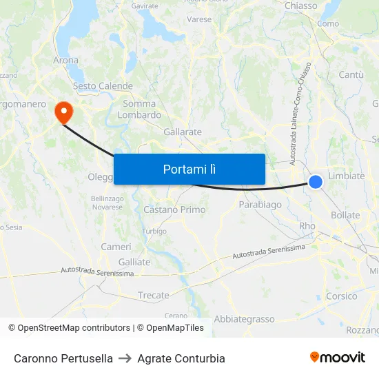 Caronno Pertusella to Agrate Conturbia map