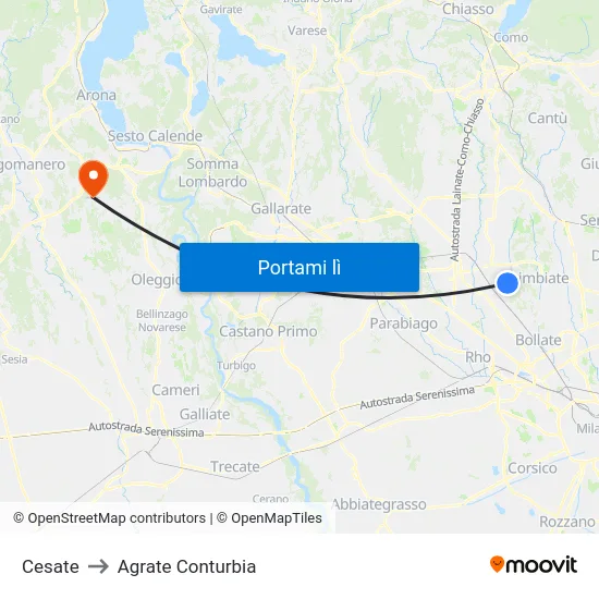 Cesate to Agrate Conturbia map
