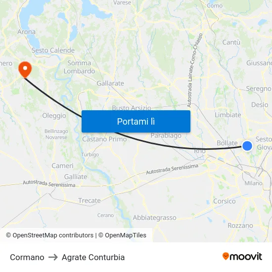 Cormano to Agrate Conturbia map