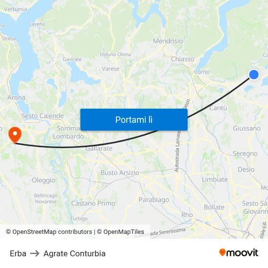 Erba to Agrate Conturbia map