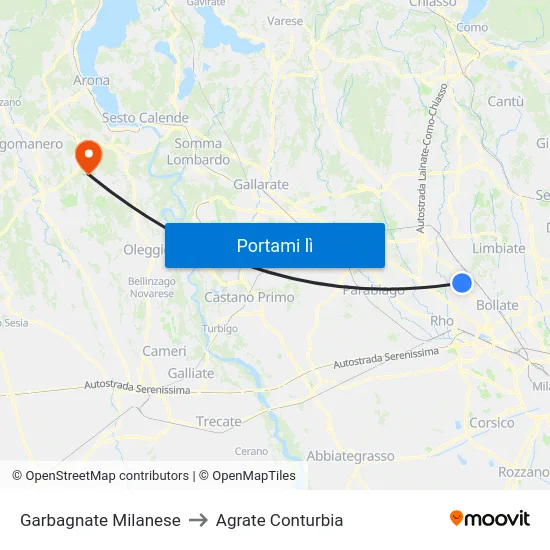 Garbagnate Milanese to Agrate Conturbia map