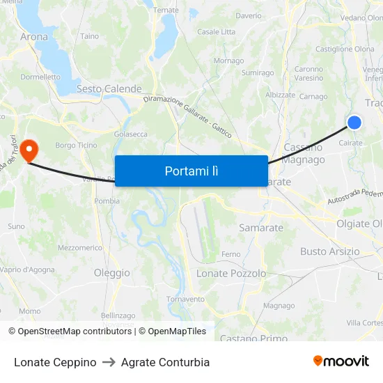 Lonate Ceppino to Agrate Conturbia map
