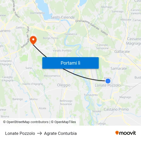 Lonate Pozzolo to Agrate Conturbia map