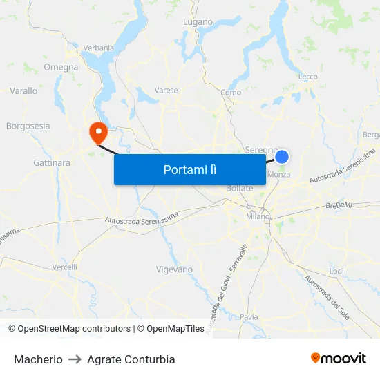 Macherio to Agrate Conturbia map