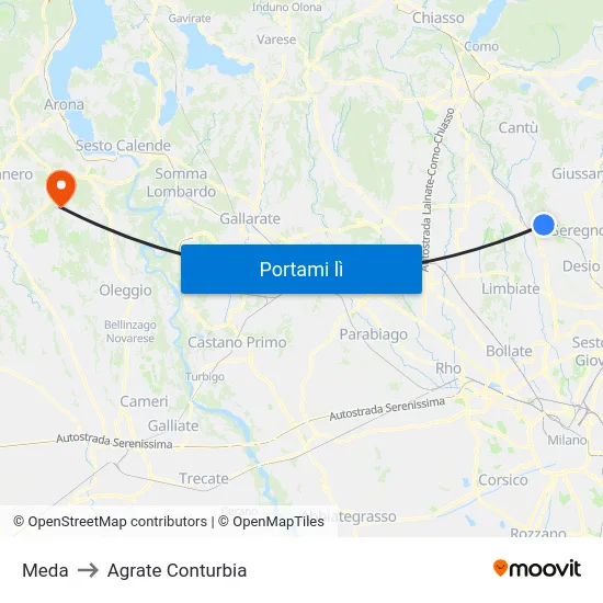 Meda to Agrate Conturbia map