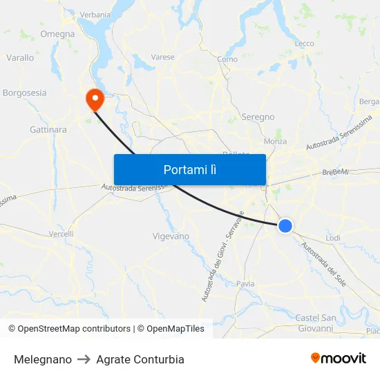 Melegnano to Agrate Conturbia map