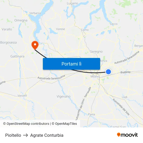 Pioltello to Agrate Conturbia map