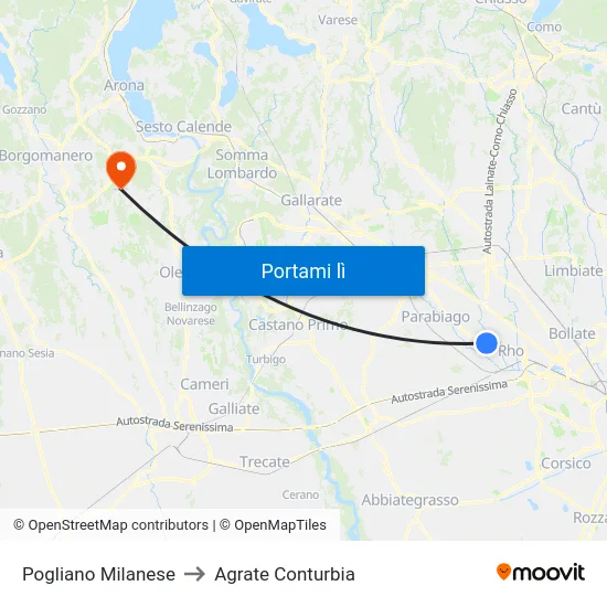 Pogliano Milanese to Agrate Conturbia map