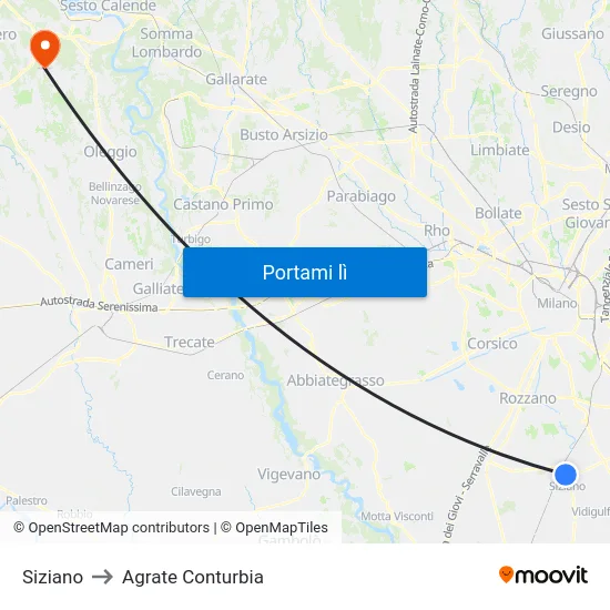Siziano to Agrate Conturbia map