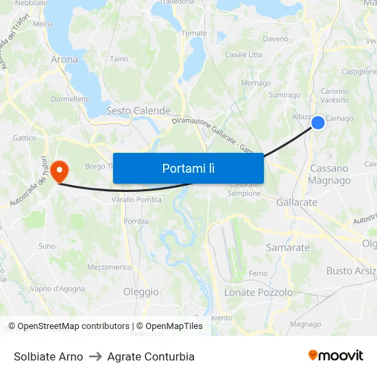 Solbiate Arno to Agrate Conturbia map