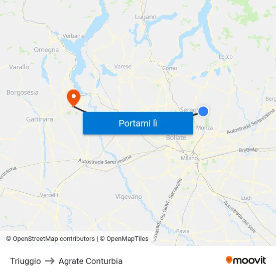 Triuggio to Agrate Conturbia map