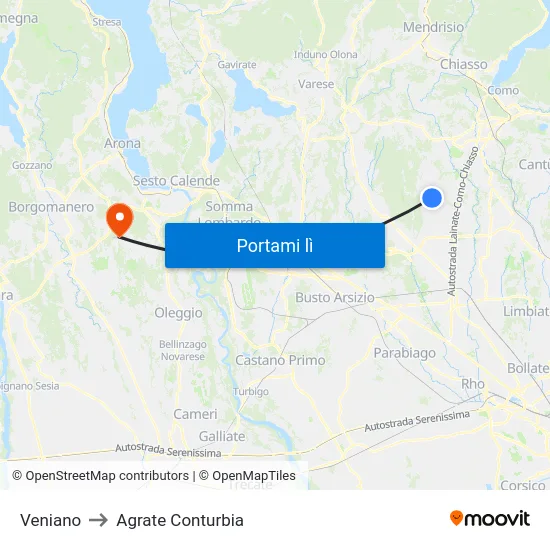 Veniano to Agrate Conturbia map