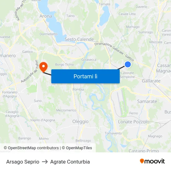 Arsago Seprio to Agrate Conturbia map