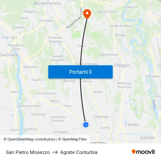 San Pietro Mosezzo to Agrate Conturbia map