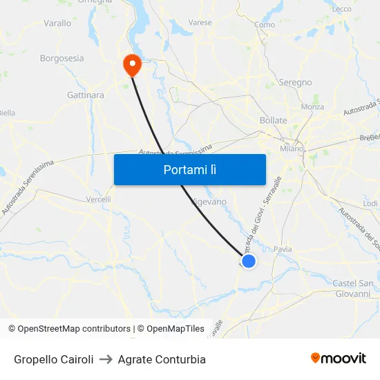 Gropello Cairoli to Agrate Conturbia map