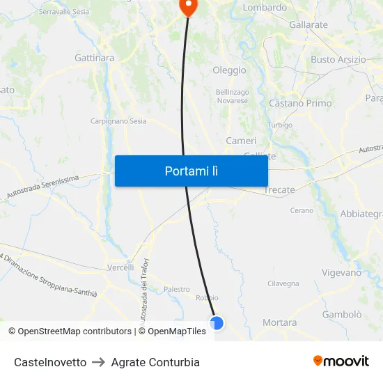 Castelnovetto to Agrate Conturbia map