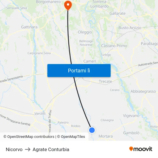 Nicorvo to Agrate Conturbia map
