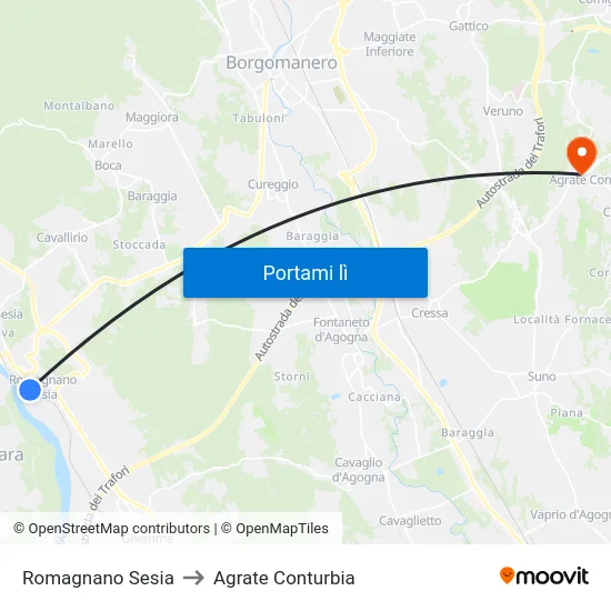 Romagnano Sesia to Agrate Conturbia map