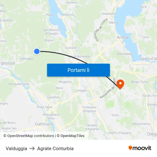 Valduggia to Agrate Conturbia map