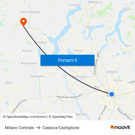 Milano Centrale to Calasca-Castiglione map