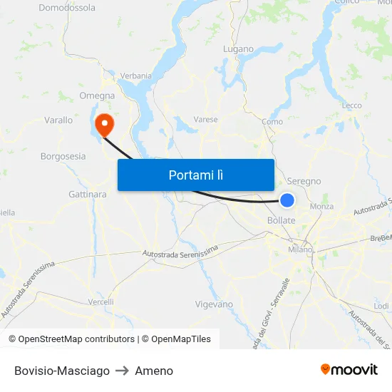 Bovisio-Masciago to Ameno map